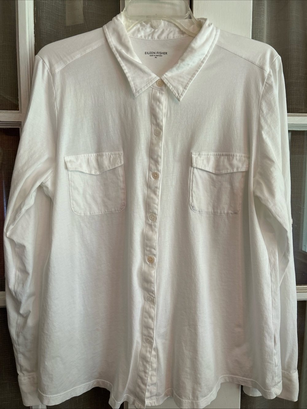 Eileen Fisher White Organic Cotton Button Down Roll Tab Sleeve Shirt SZ XL